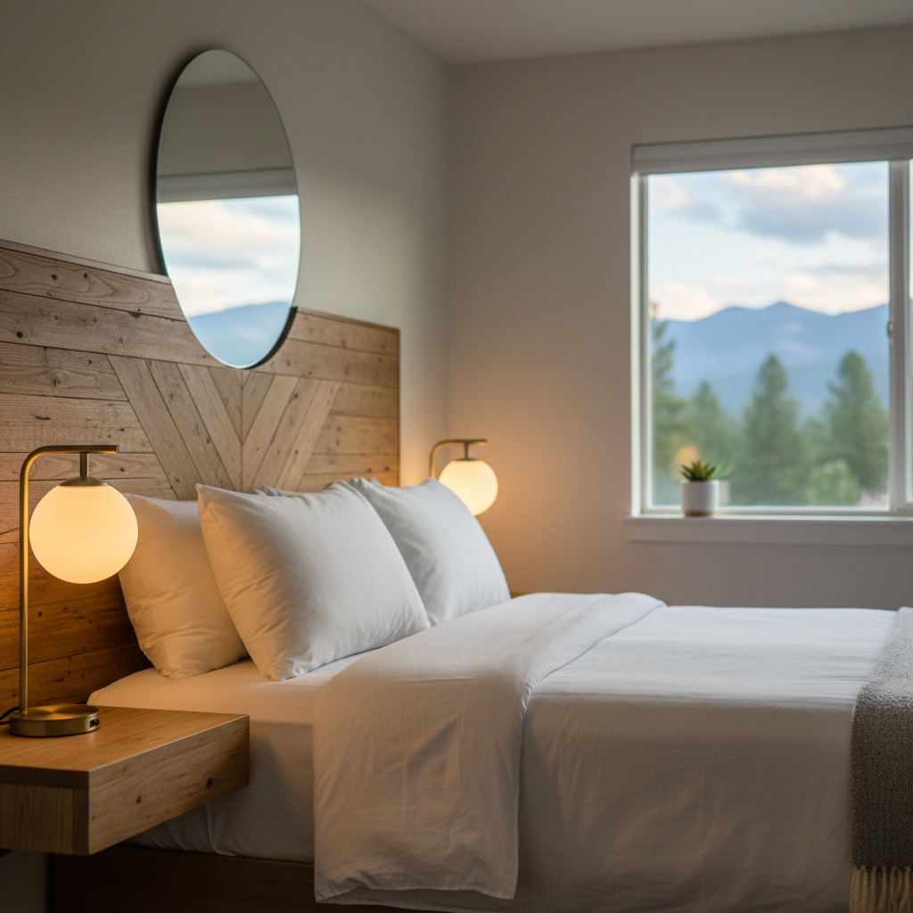 Renovated North Conway motel room with crisp white linens, warm lighting, and distant mountain view—affordable motels room example at a family-friendly property