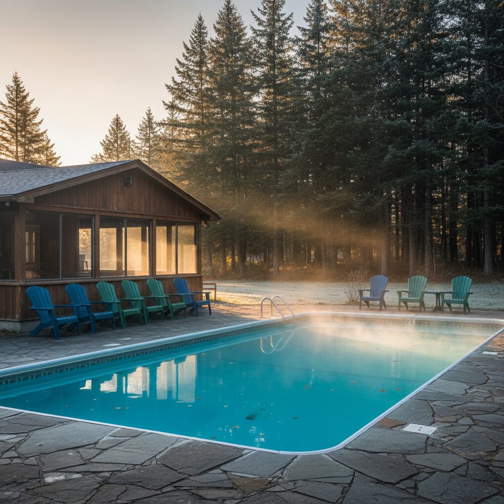 Outdoor heated pool at a North Conway motel with enclosed porch and Adirondack chairs—relaxing seasonal amenity that adds value to affordable motels