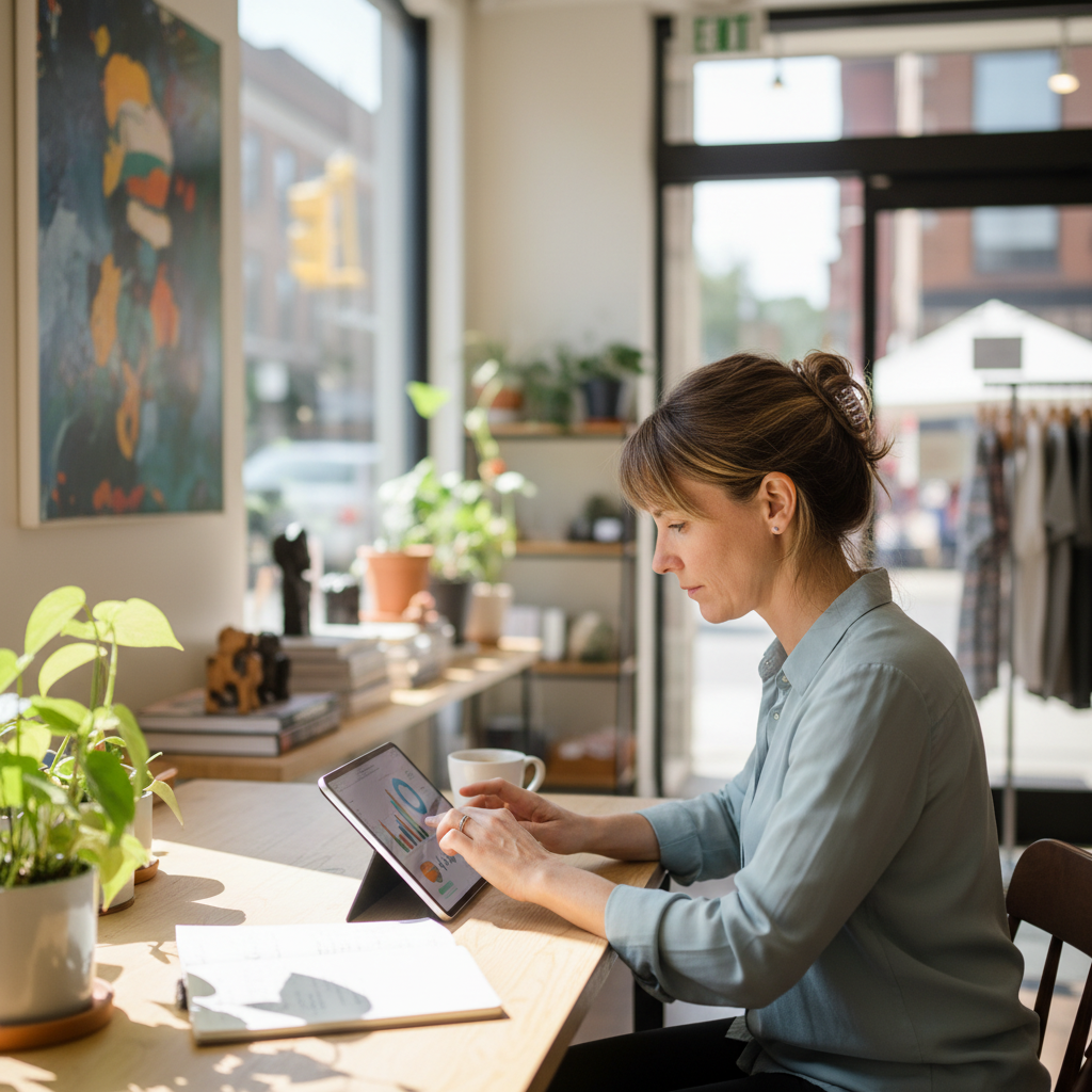 Small business owner reviewing site performance metrics to guide SEO content writing decisions