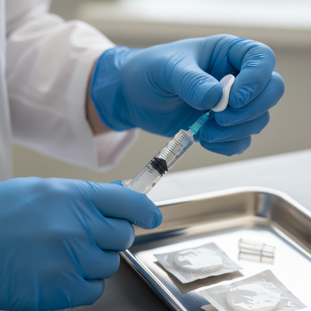 Clinician preparing a Sublocade injection syringe, illustrating monthly extended-release buprenorphine treatment and clinic workflow