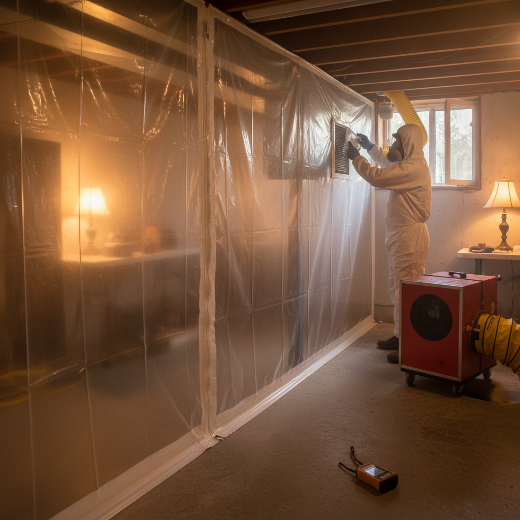 Basement mold remediation setup with negative air machine and containment for mold in house