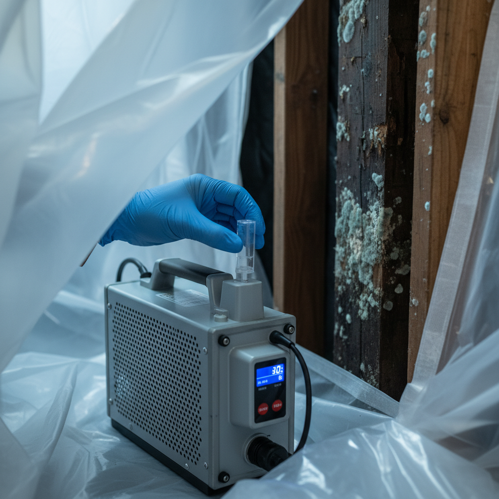Close-up of professional air quality sampling and HEPA setup for mold inspection in house
