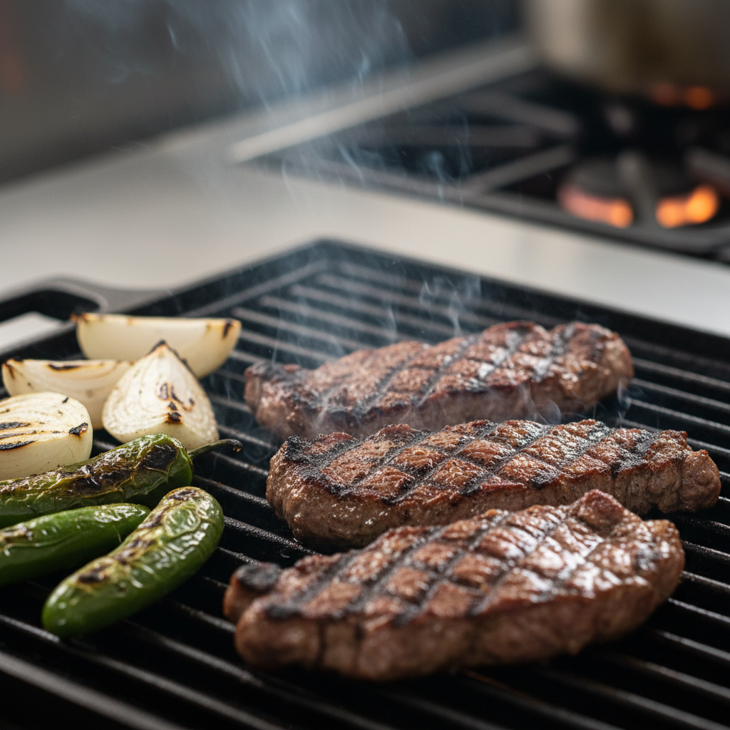 Close-up of sizzling carne asada on the grill at La Rio’s Mexican Grill, perfect for takeout Mexican cuisine in Toronto