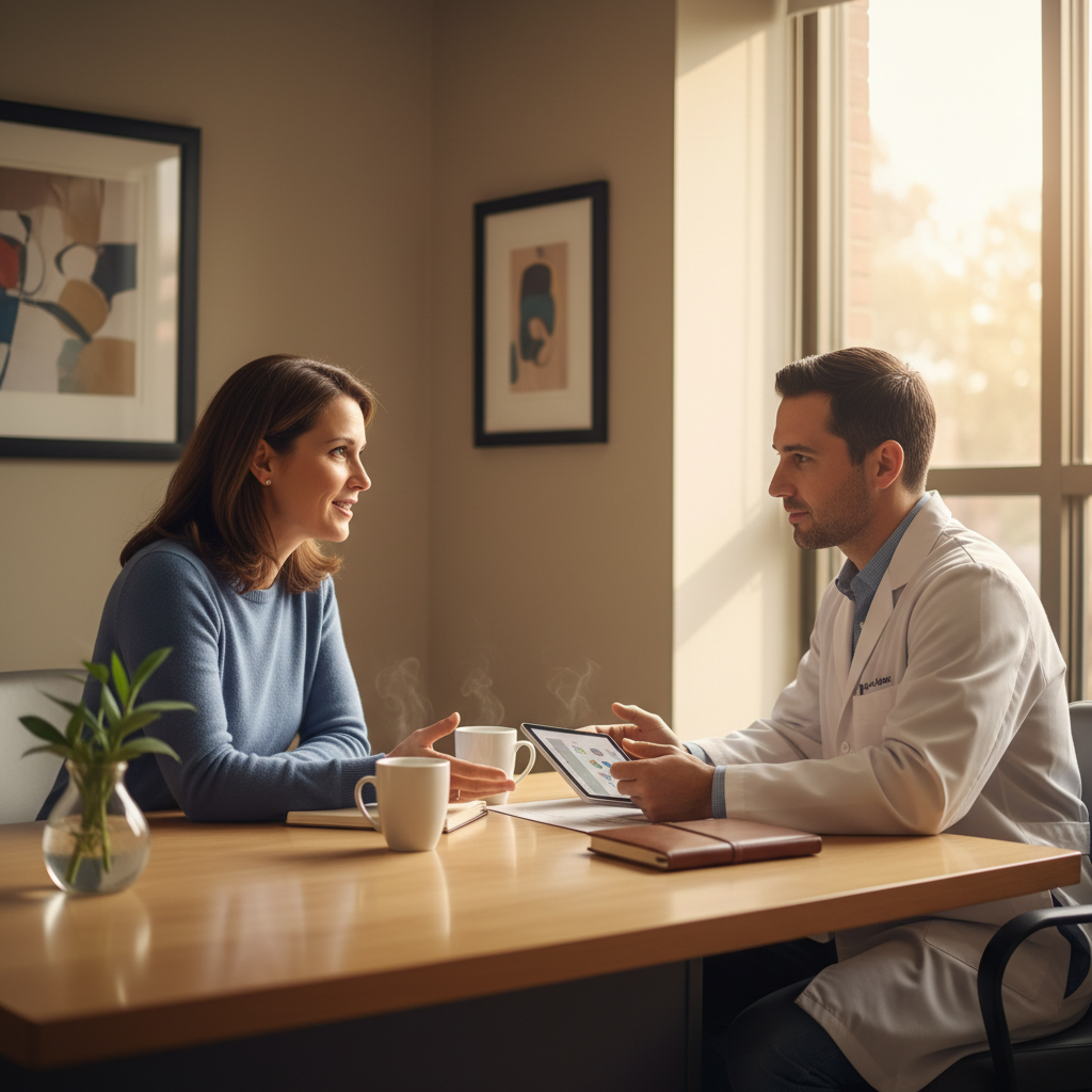 Patient meeting with a Sublocade doctor in a private consultation room to plan a monthly extended-release buprenorphine schedule