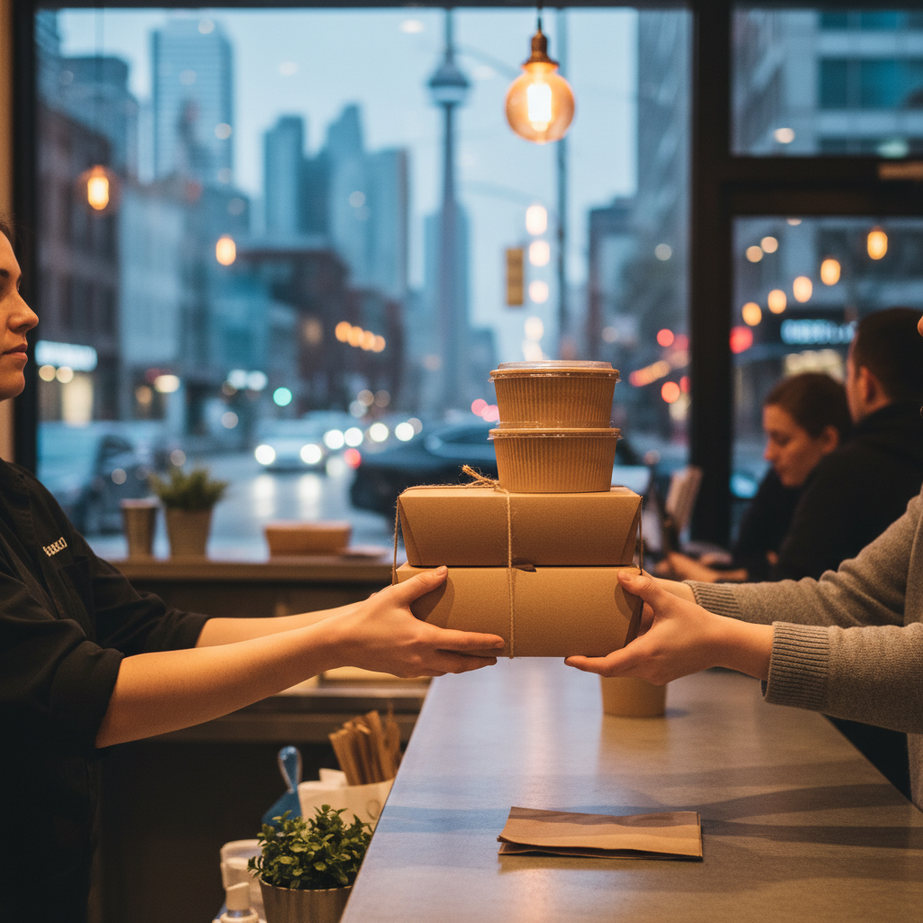 Takeout pickup handoff at La Rio’s counter in Old Toronto with eco-friendly packaging for Mexican takeout
