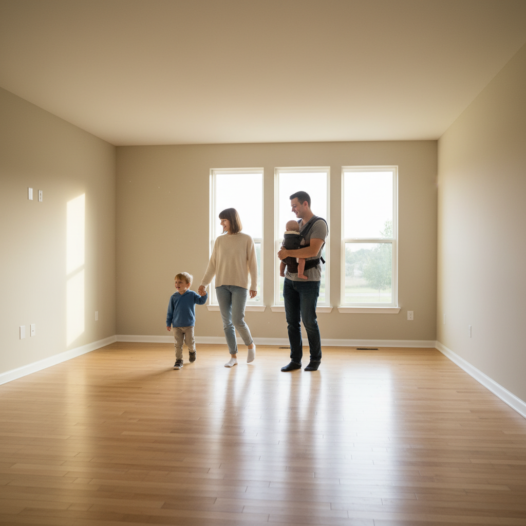 Young family walking through a bright unfurnished living room during a Brampton home viewing