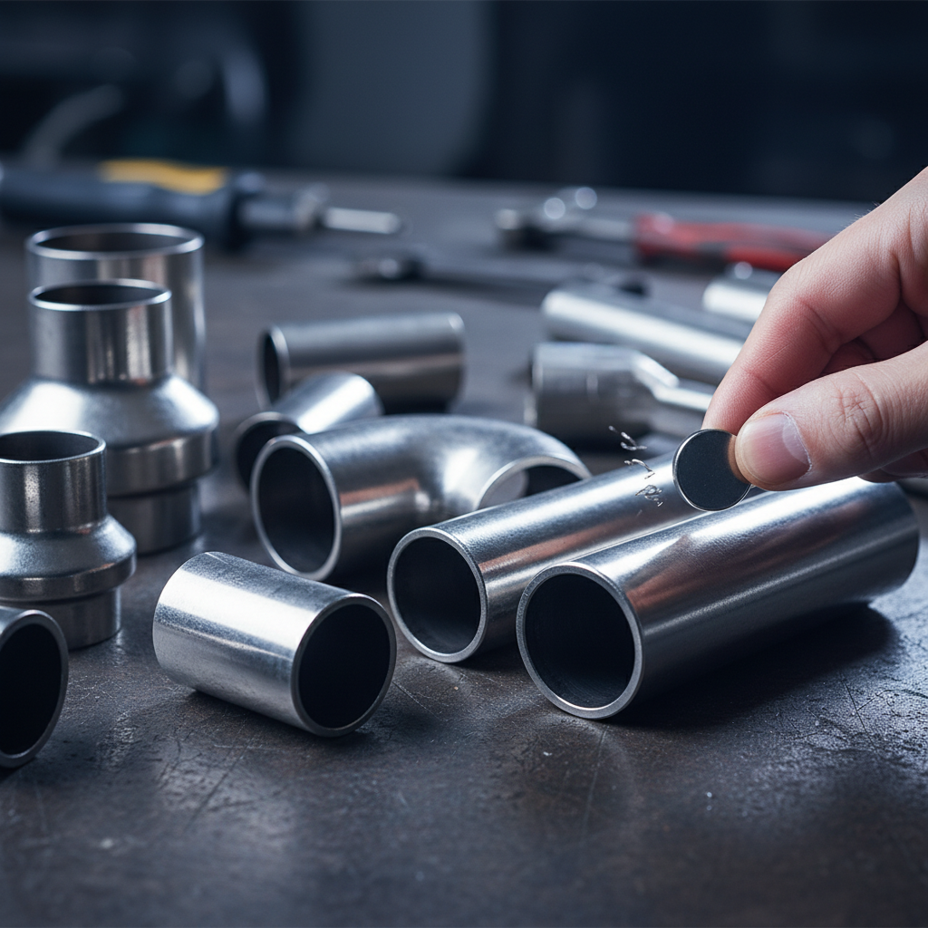 Close-up of stainless steel pipes and fittings with a magnet used to sort grades for better stainless scrap value in Toronto
