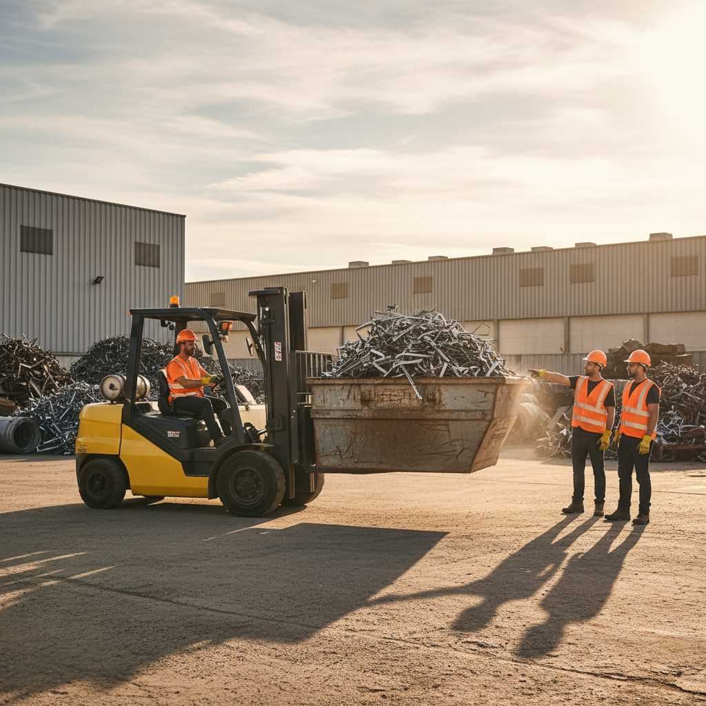 Forklift moving a bin of stainless steel offcuts at an Etobicoke scrap yard, illustrating efficient stainless scrap drop-off