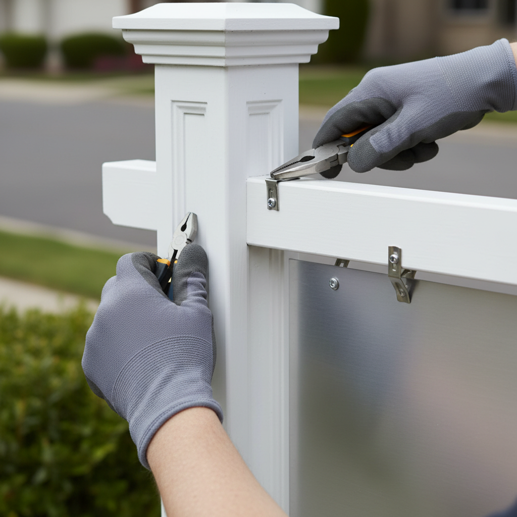 Close-up of a compliant blank aluminum sign rider being clipped to a white post, demonstrating realtor signage compliance basics for riders