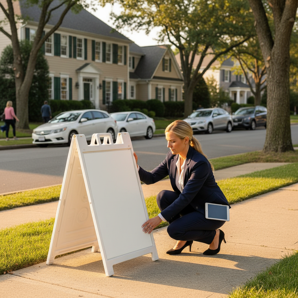 Agent placing a blank A-frame directional sign at an open house, illustrating sidewalk and hours rules for realtor signs