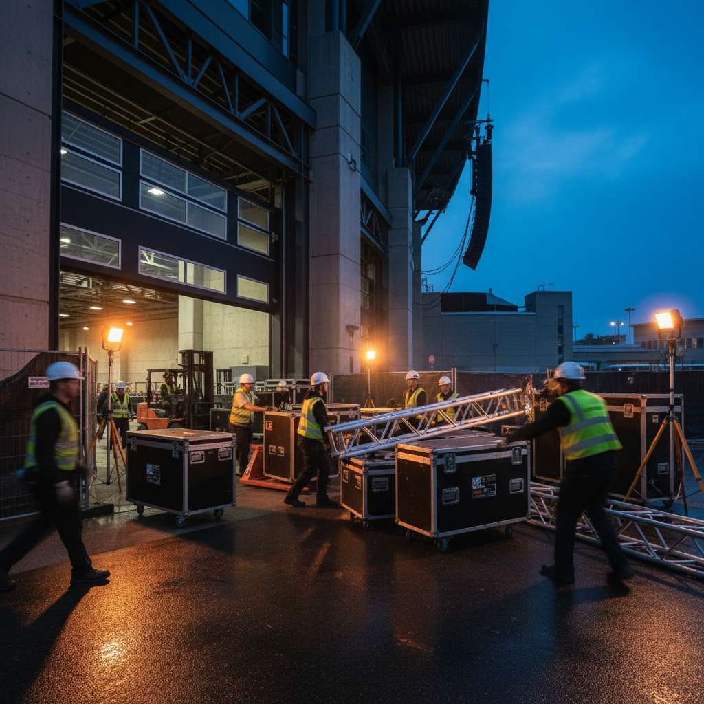 Backstage crew loading truss and flight cases during a London product launch setup, showing professional event operations and safety-first load-in