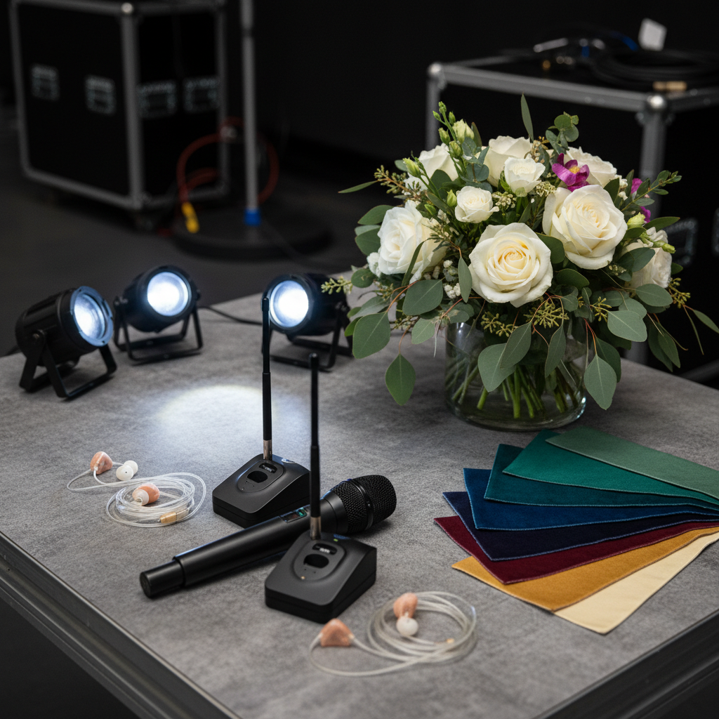 Close-up of product launch event planning tools including wireless mics, lighting fixtures, and floral centerpiece for corporate launches in London