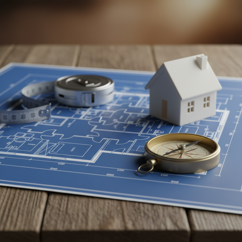 Detailed Vaastu checklist for new home with floor plan, compass, and model house