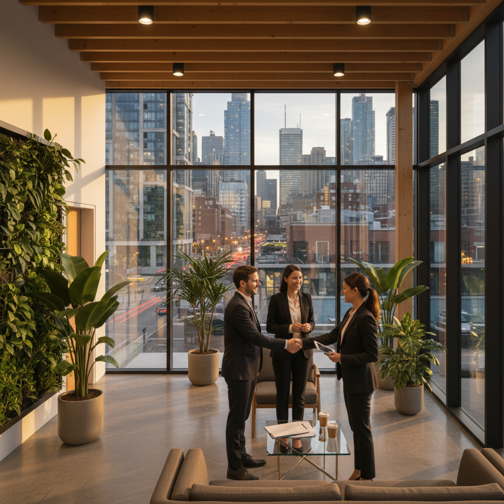 A couple consults a lawyer in a modern Toronto office, illustrating a real estate attorney meeting before closing
