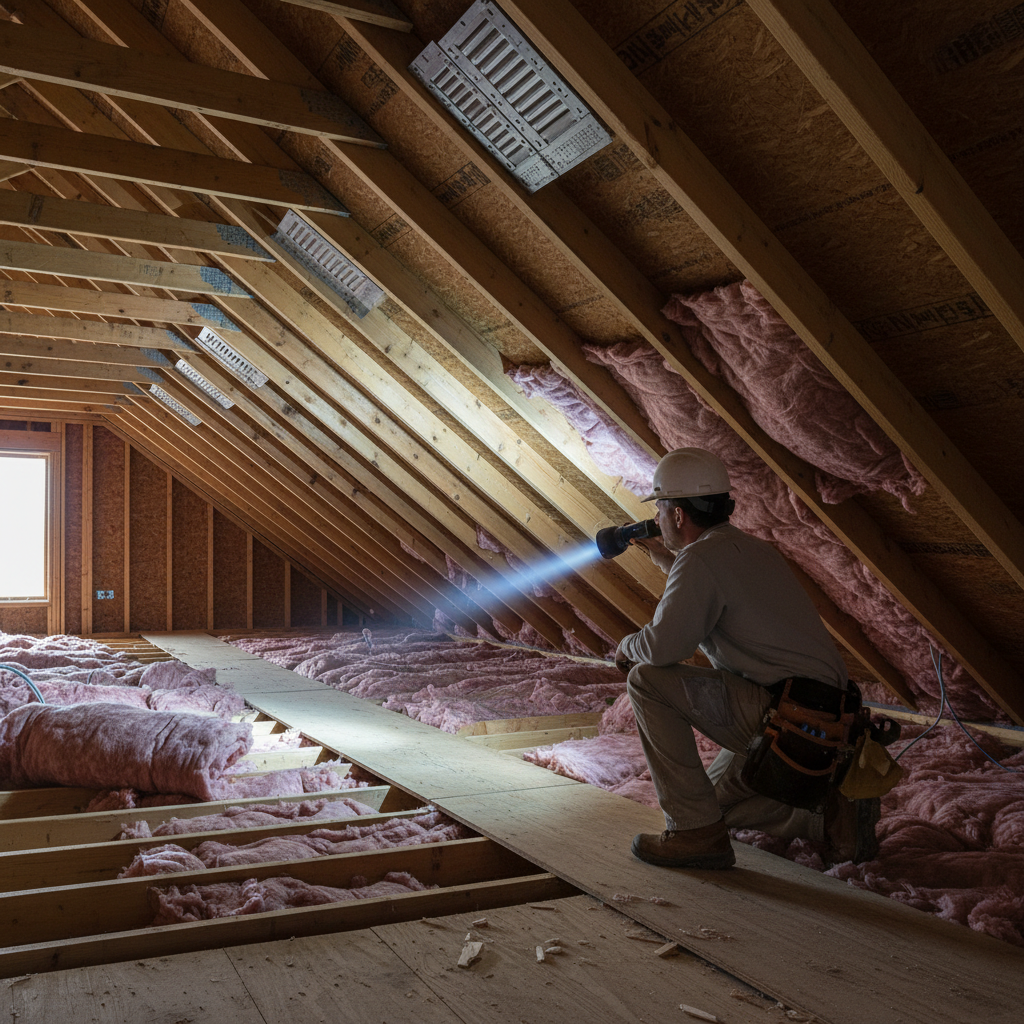 Inspector checking a new home attic in Toronto, reviewing trusses, insulation, and soffit ventilation with a flashlight