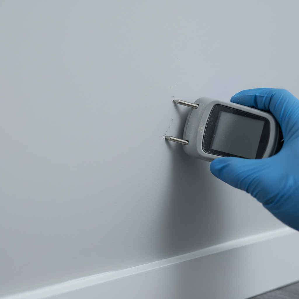 Close-up of a moisture meter during a new home inspection in Toronto, checking drywall near a baseboard to prevent early water damage