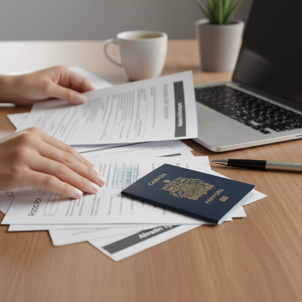 Close-up of Canadian immigration application documents, passport, and laptop used for Federal Skilled Worker Express Entry preparation