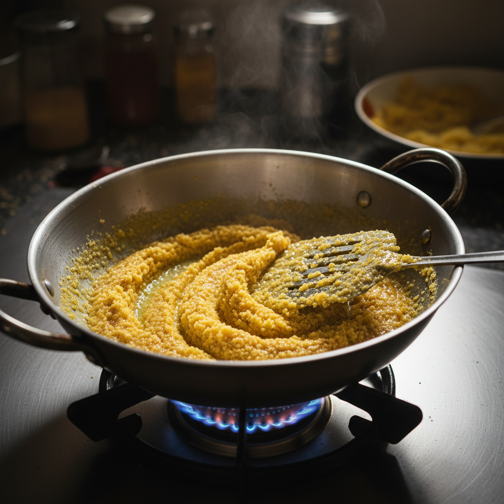 Close-up of besan roasting in pure desi ghee for ghee ladoo in a kadhai, showing golden granules and stirring action