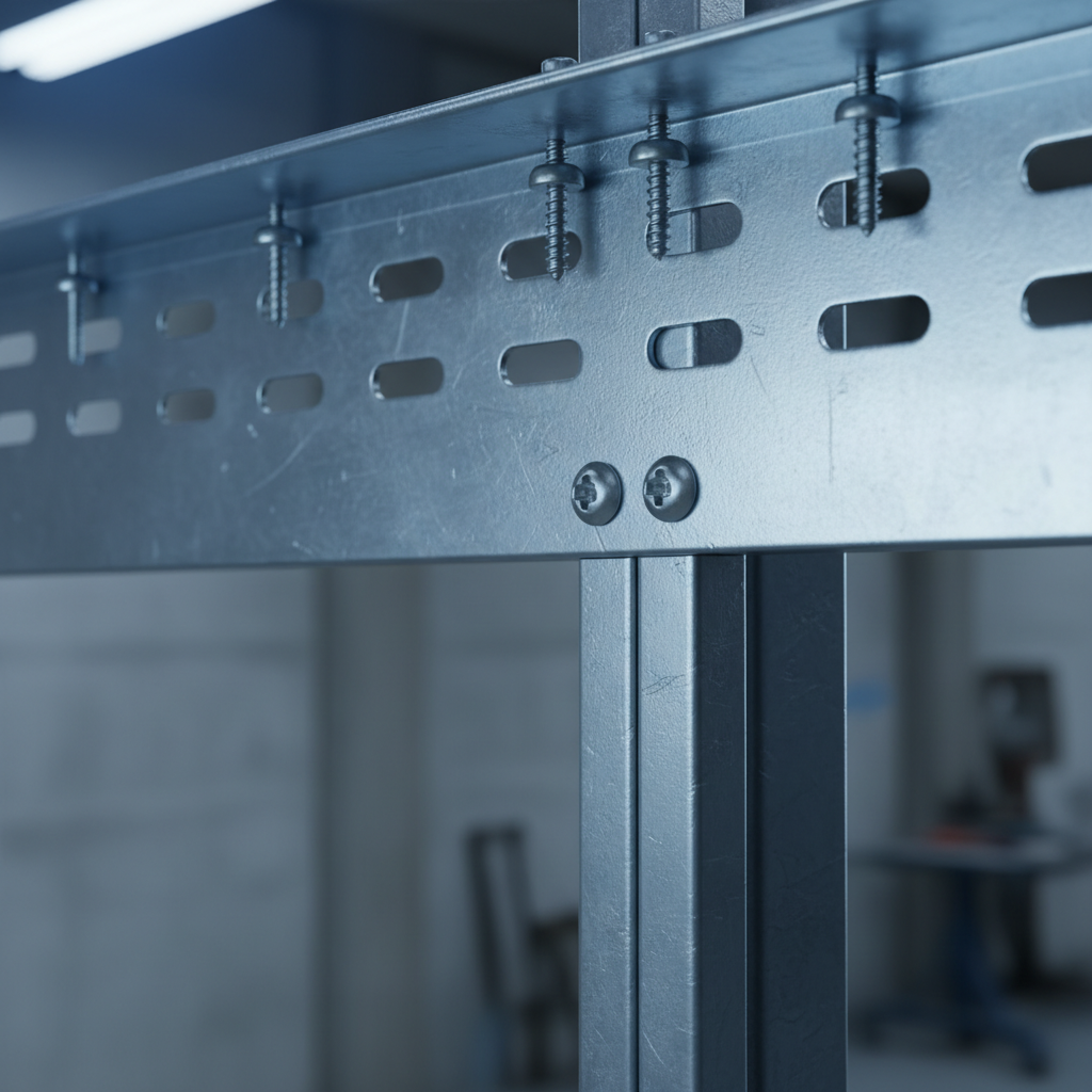 Close-up of slotted deflection track head-of-wall detail showing slots, fasteners, and movement gap for steel stud framing