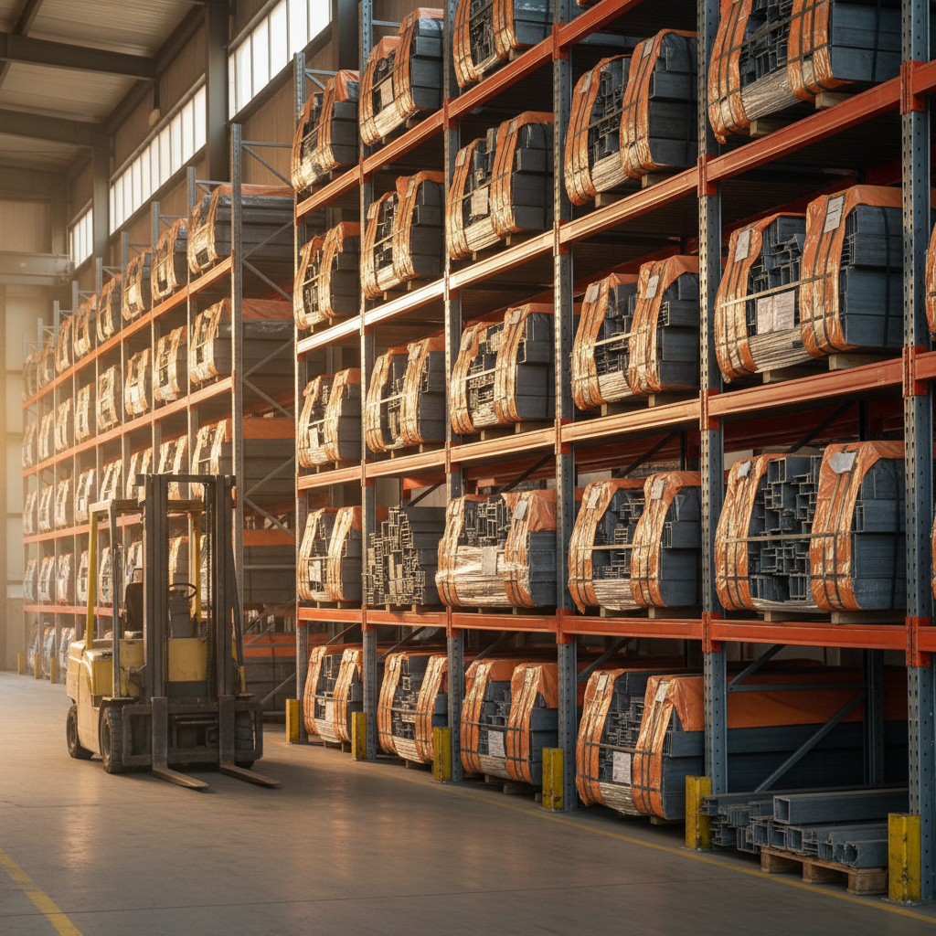 Warehouse scene with bundled steel tracks and studs staged for shipment, illustrating logistics and supply for slotted deflection track projects