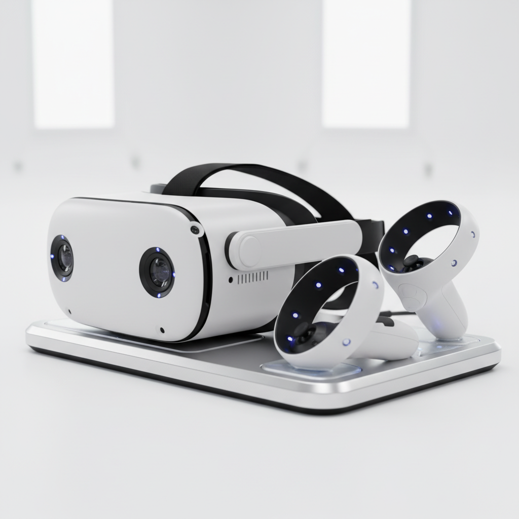Close-up of premium VR headset and motion controllers used in VR escape rooms at The Next Level