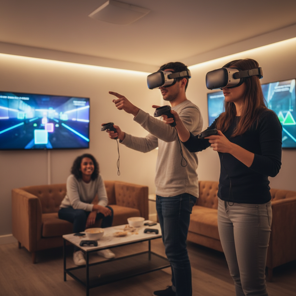 Small team collaborating inside a VR escape room with spectators watching on wall-mounted screens at The Next Level
