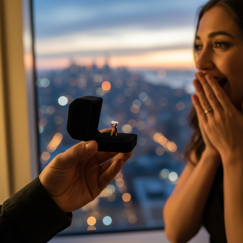 Lifestyle scene showing a rose gold diamond engagement ring in a box near a Manhattan window with evening city bokeh