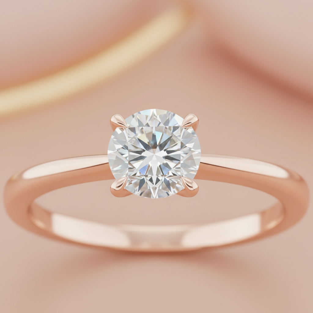 Macro close-up of a 14k rose gold solitaire ring with a lab-grown round brilliant diamond showing prong detail and diamond fire