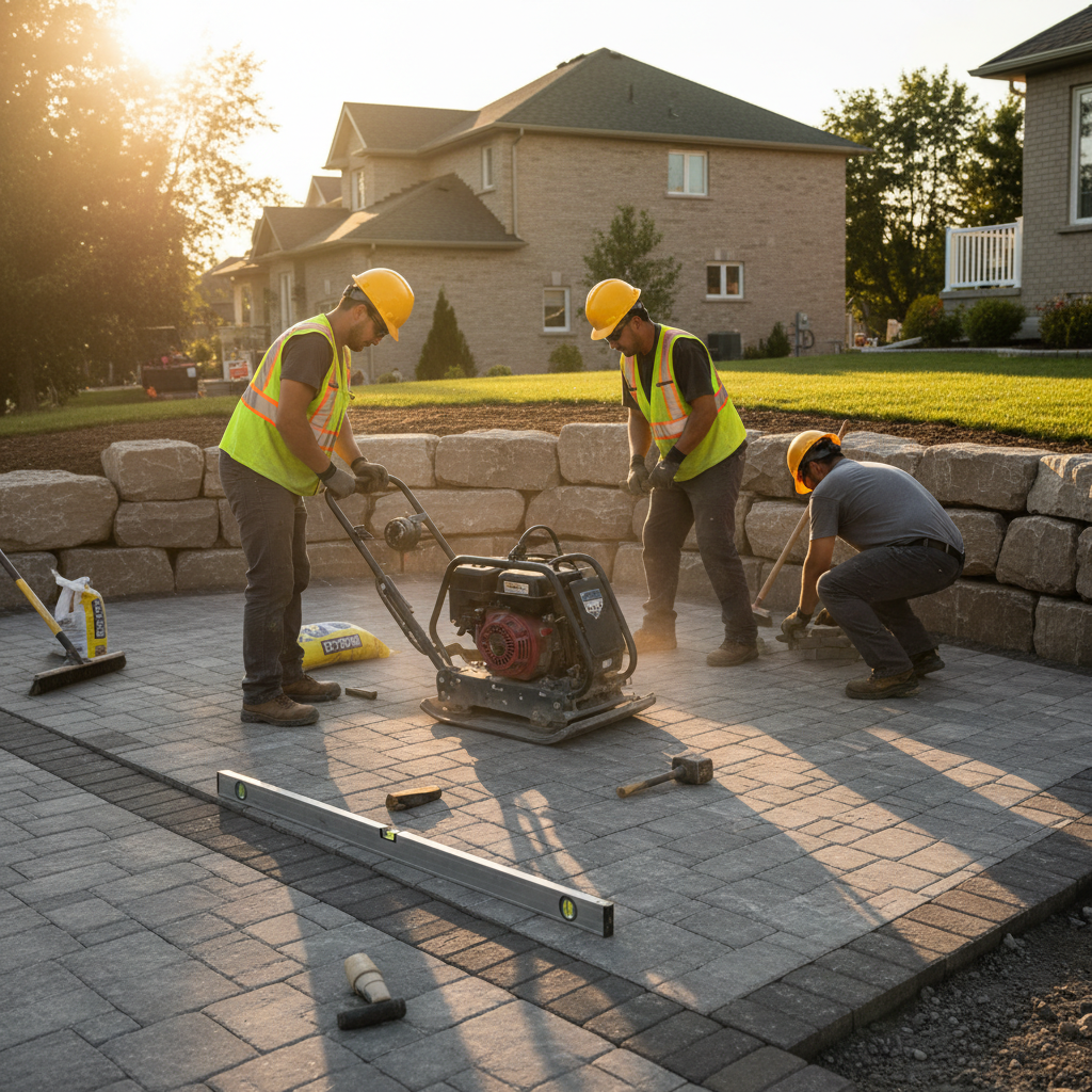 Landscaping crew installing interlocking next to a new armour stone retaining wall in Mississauga, showing compaction equipment and level tools