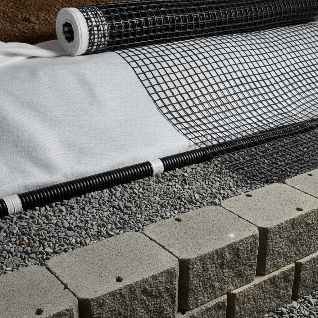 Close-up of Mississauga retaining wall drainage: compacted base, 4-inch perforated pipe with sock, geotextile, and geogrid behind concrete blocks
