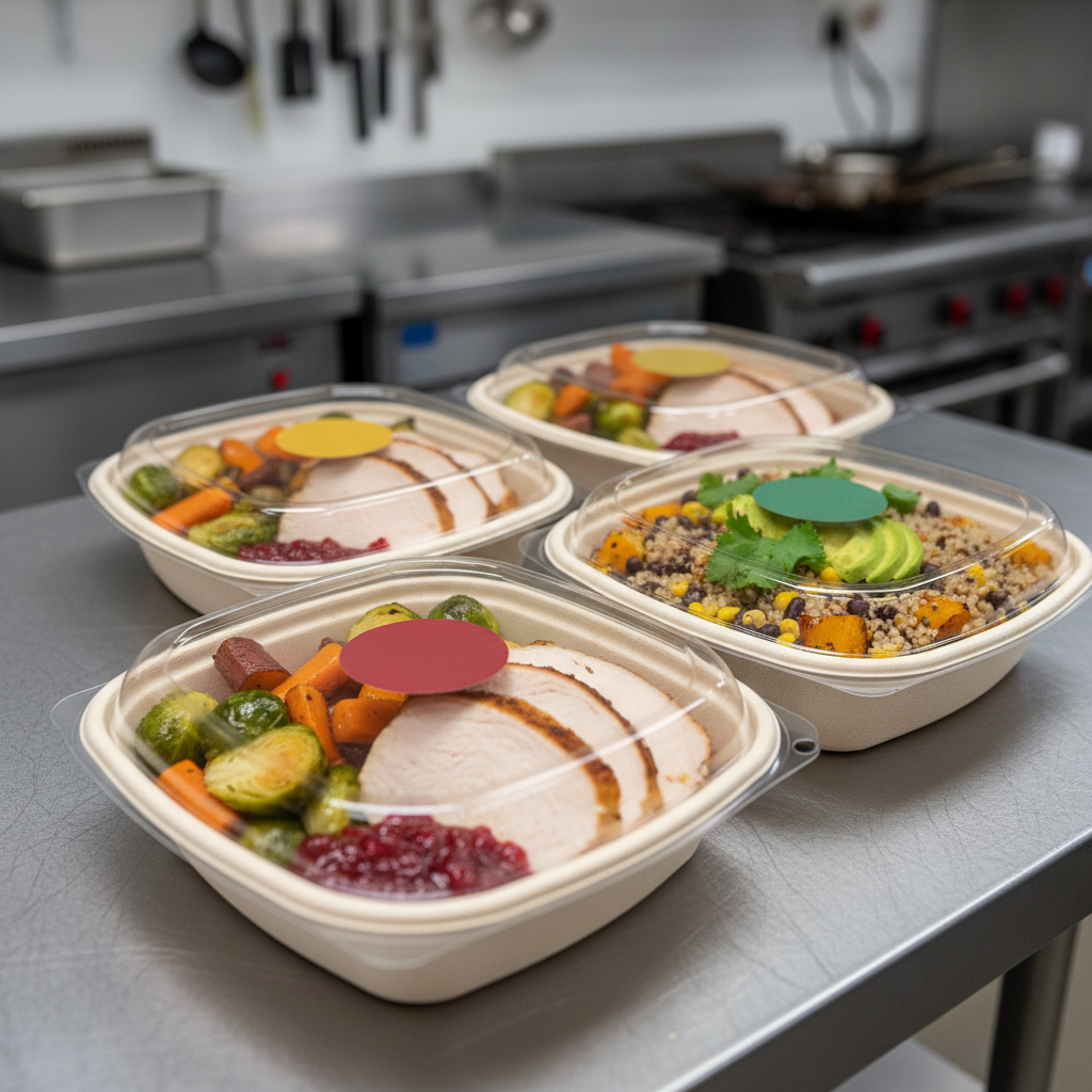 Individually packaged Christmas Day catering meals with turkey, roasted vegetables, and a vegan grain bowl option prepared for Toronto offices