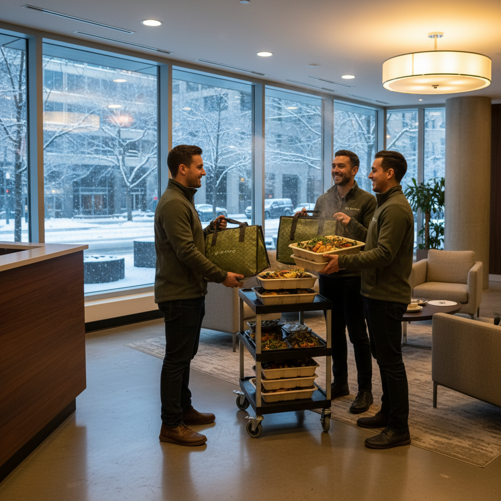 Catering delivery arriving to an office lobby on a snowy December day in the Toronto area for Christmas Day catering