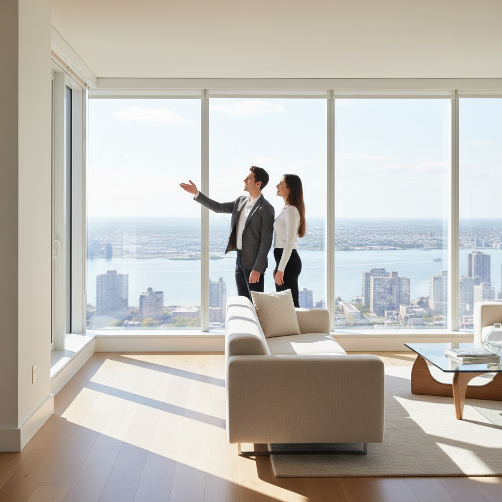 Toronto real estate agent touring buyers through a bright condo with floor-to-ceiling windows and city views