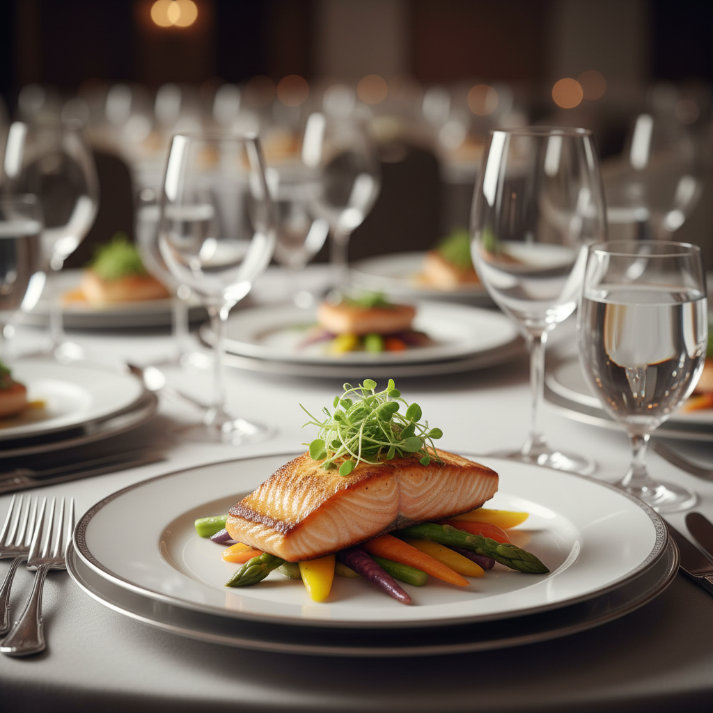 Plated entrée close-up for a corporate dinner menu in Greater London, showing seared salmon with seasonal vegetables—menu planning example by Patel Events