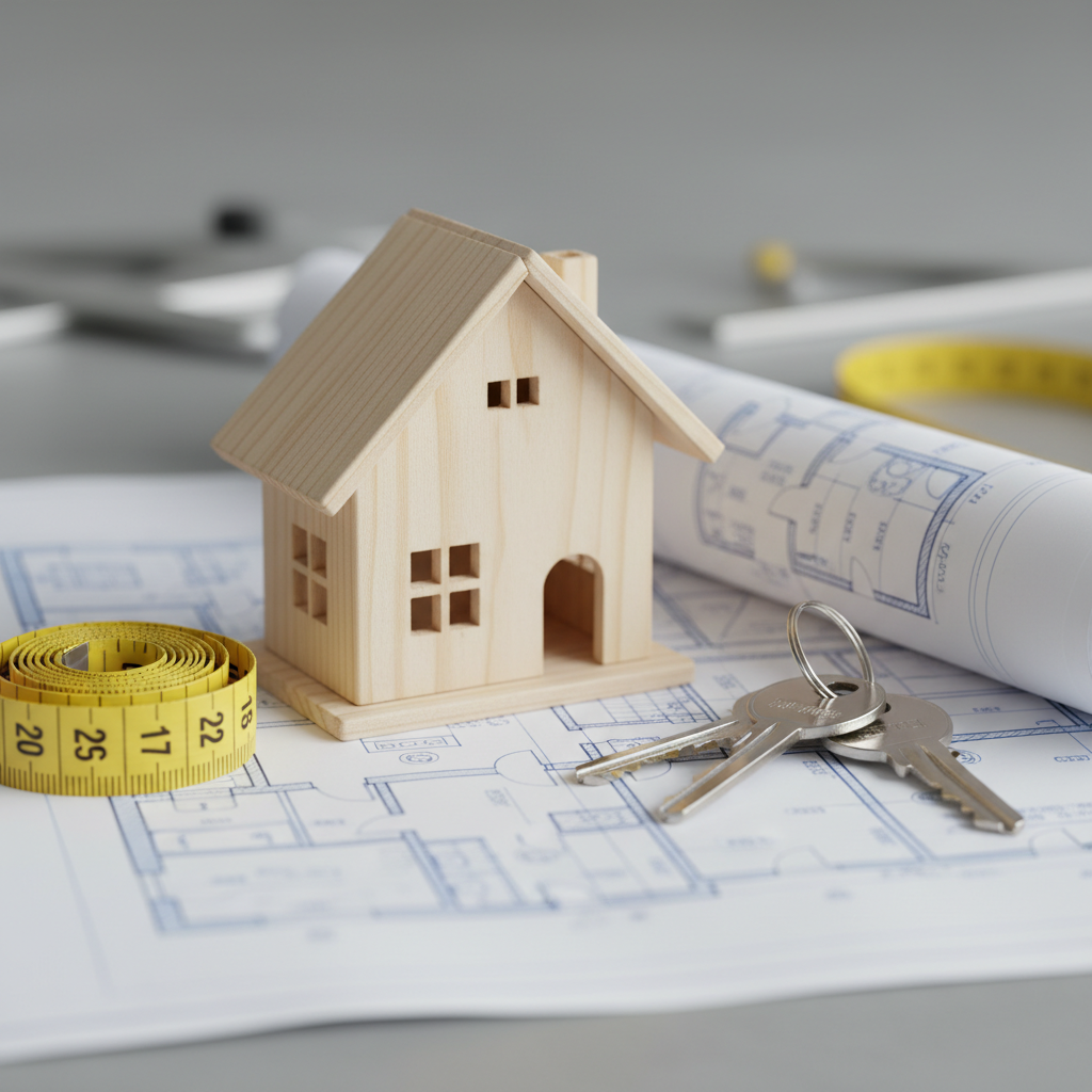 Detail of home purchase planning with keys, floor plans, and a house model for homes for sale in Canada