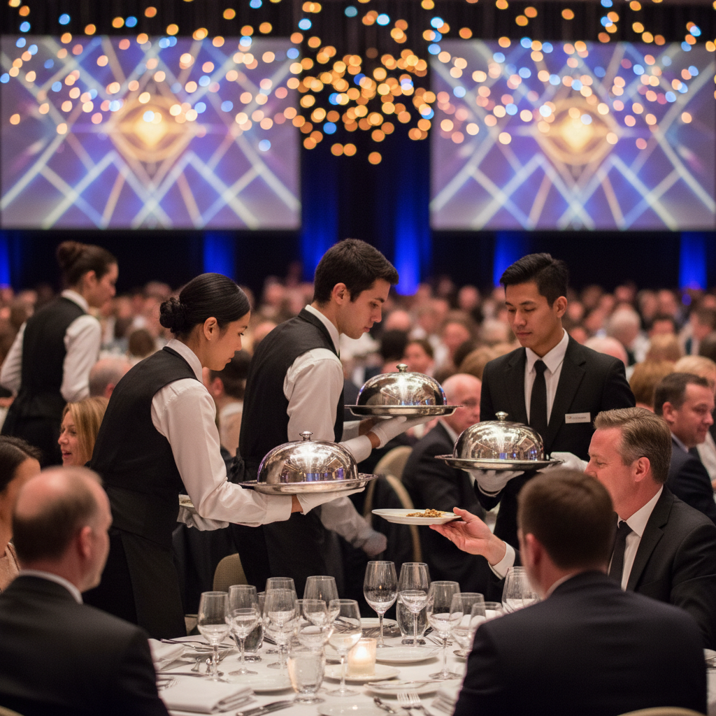 Catering team serving guests at a corporate dinner—service choreography and hospitality in action by Patel Events