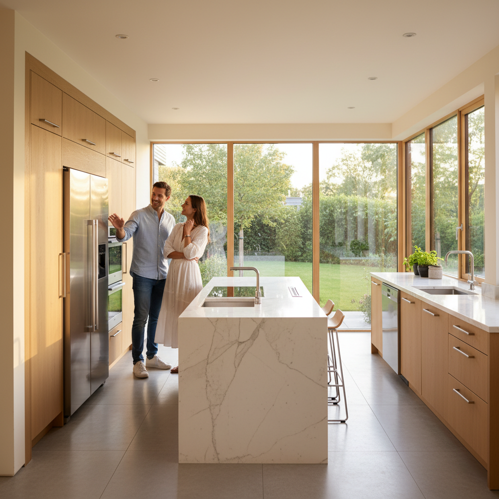 Couple touring a bright kitchen during a self-scheduled showing of a home listed on Houseup