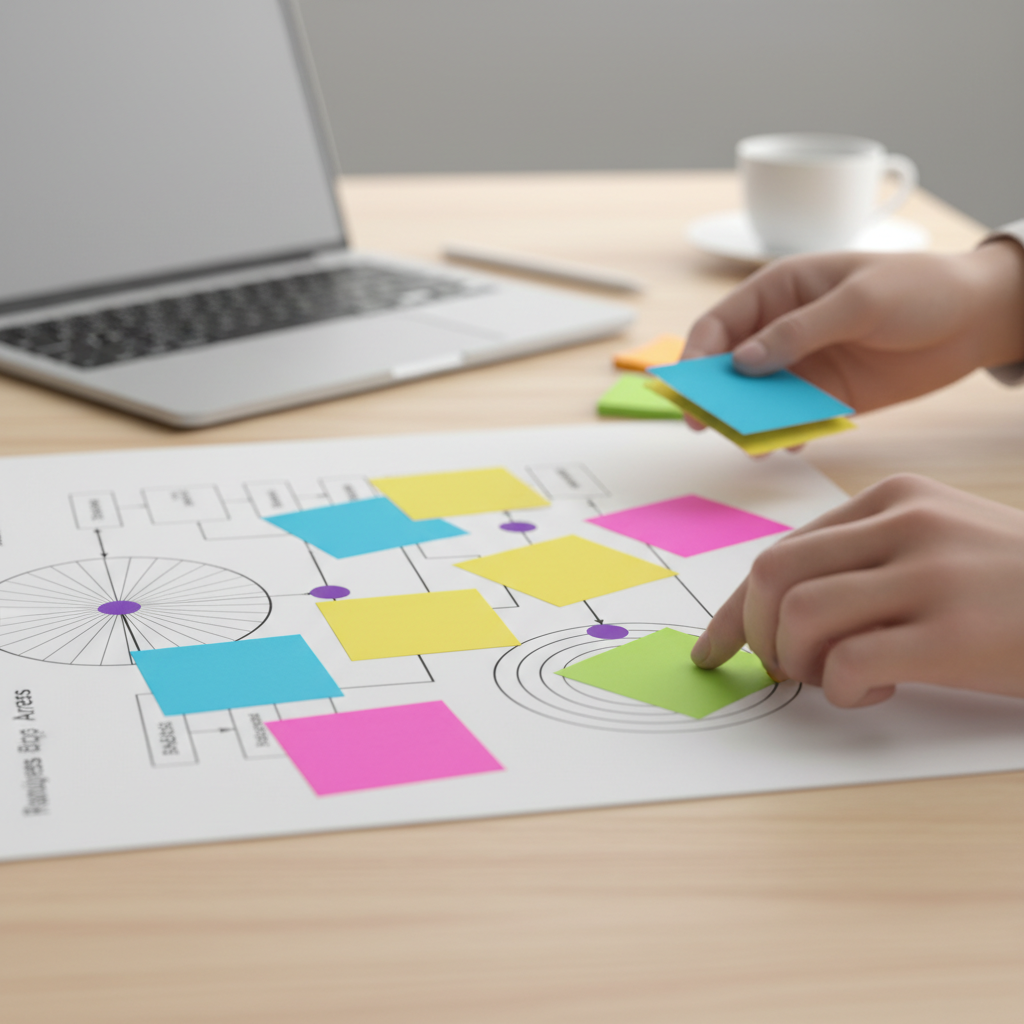 Detail shot of business analyst mapping BABOK knowledge areas with color-coded notes for CBAP vs CCBA decision