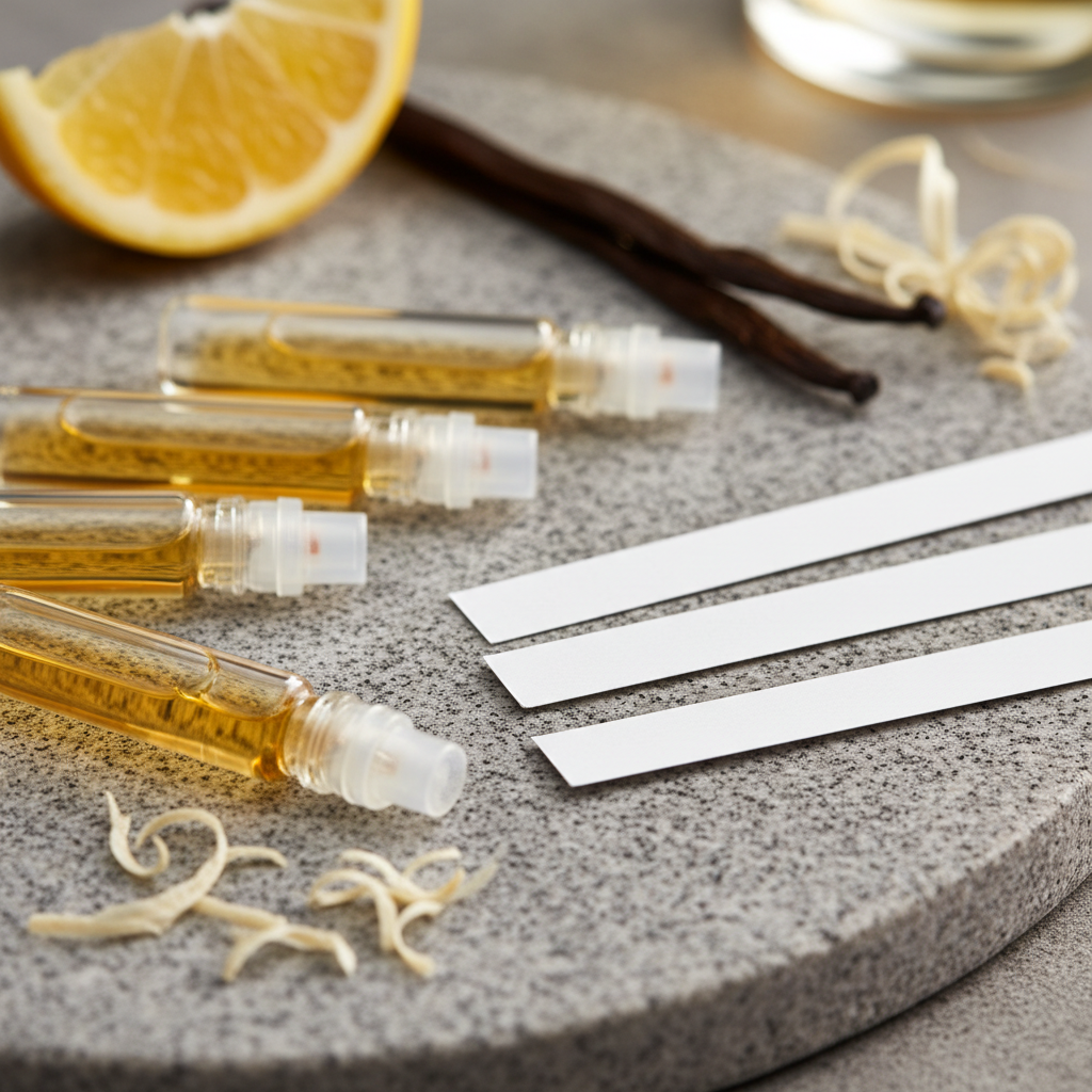 Close-up of perfume sample vials and blotter strips for testing a perfume sample gift set, showing ingredients like bergamot, vanilla, and orris for accurate comparisons