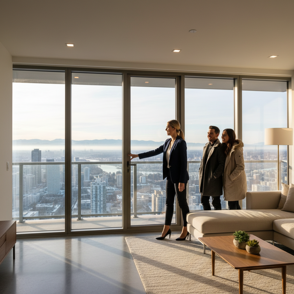 Edmonton real estate agent opening balcony door for buyers during a condo showing with city views, representing apartments for sale in Edmonton