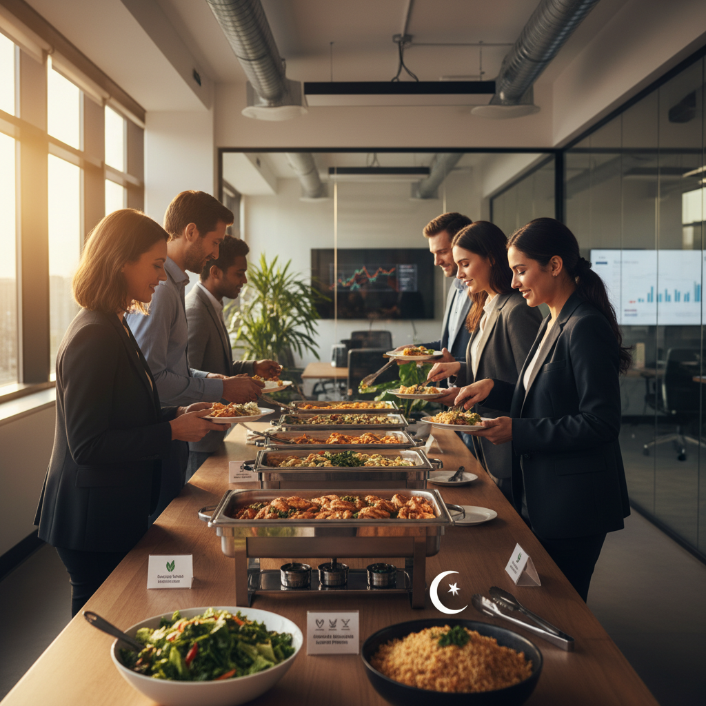 Corporate buffet line during a Toronto meeting with inclusive options and chafing dishes