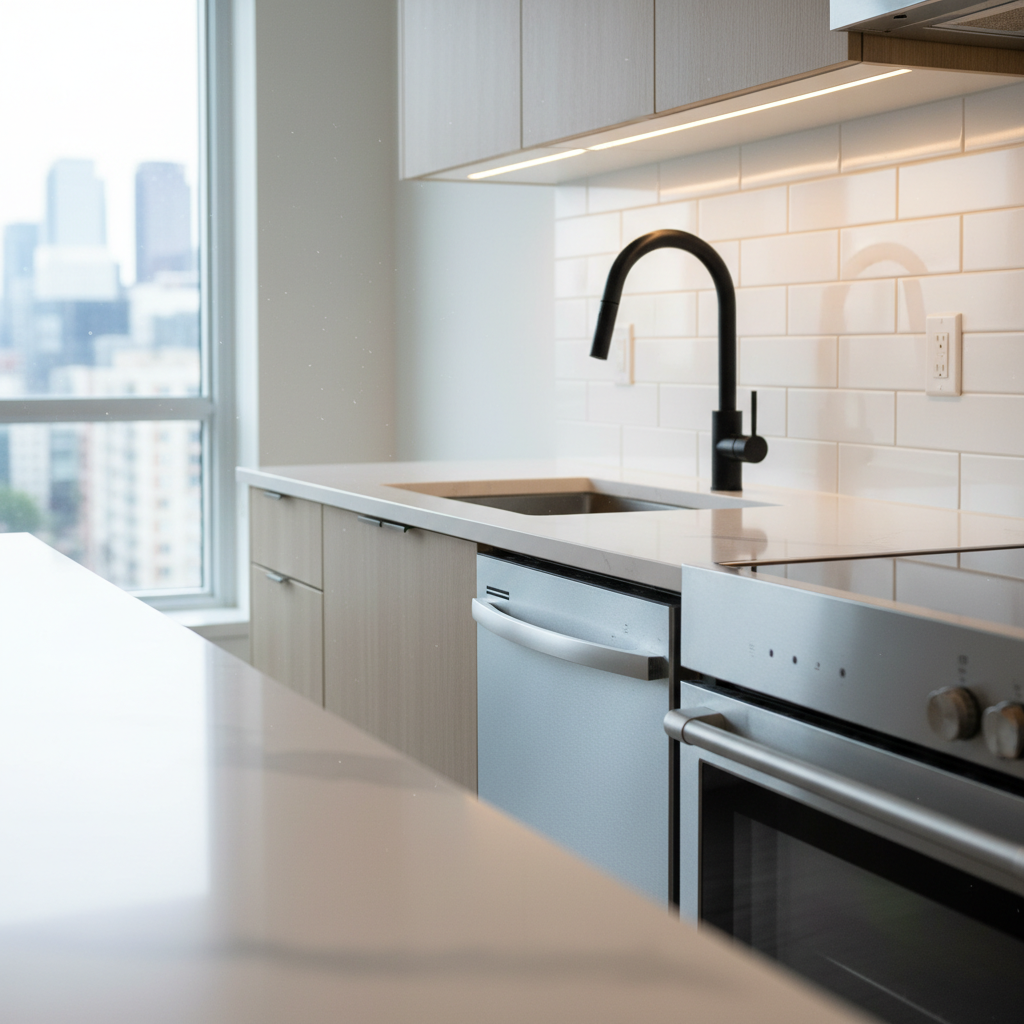 Contemporary Edmonton condo kitchen detail with quartz counters and stainless appliances, ideal for buyers seeking apartments for sale in Edmonton