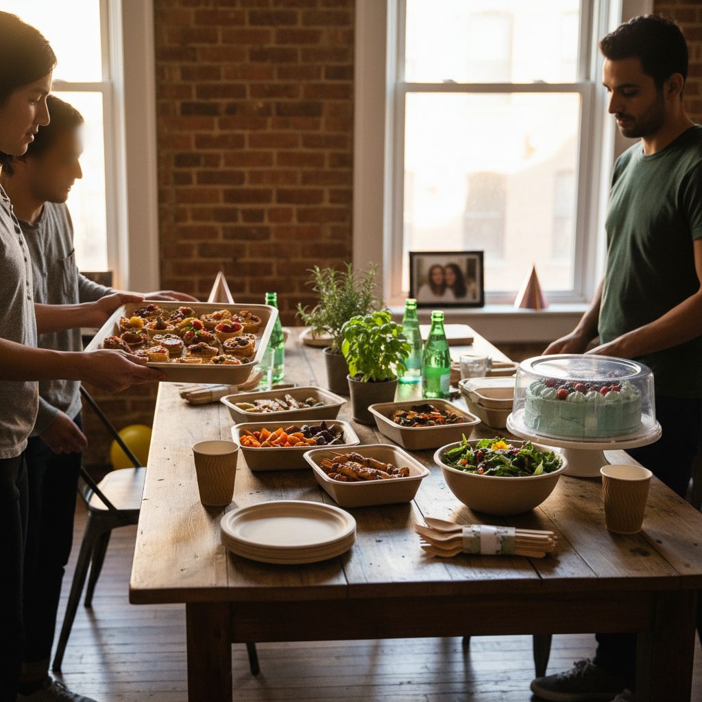 Catered trays being set for a small birthday in an Old Toronto apartment