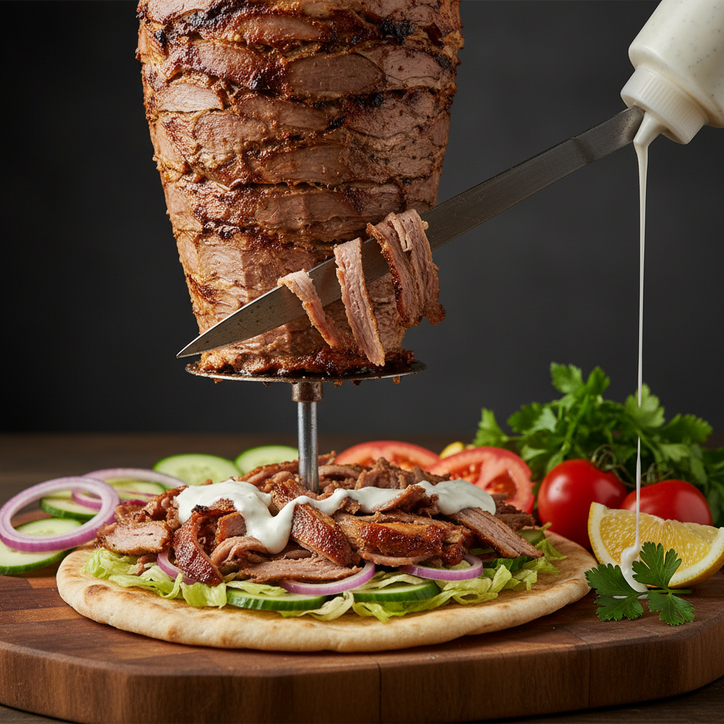 Close-up of shawarma being sliced and assembled for Toronto birthday catering buffet