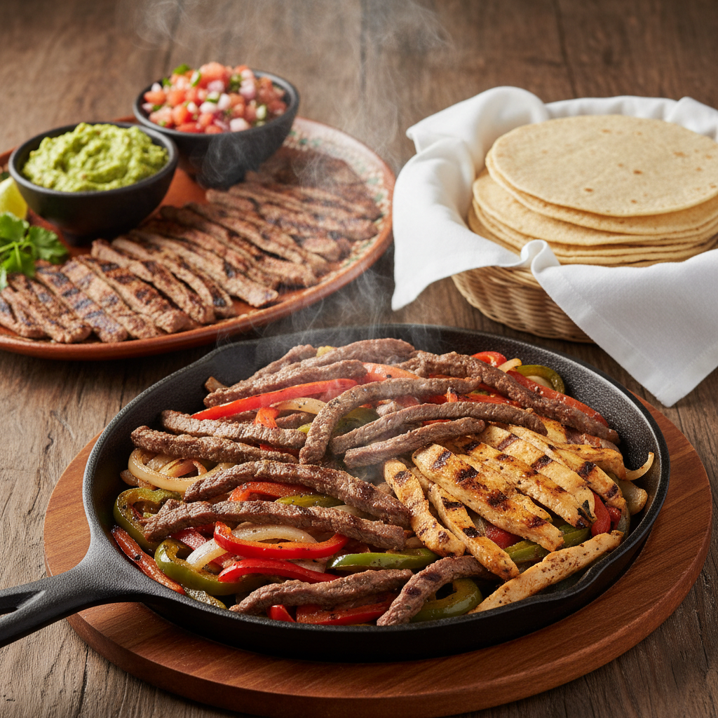 Close-up of family-style Mexican grill platter for group dining in Toronto with sizzling fajitas, carne asada, grilled chicken, peppers, onions, guacamole, and warm tortillas