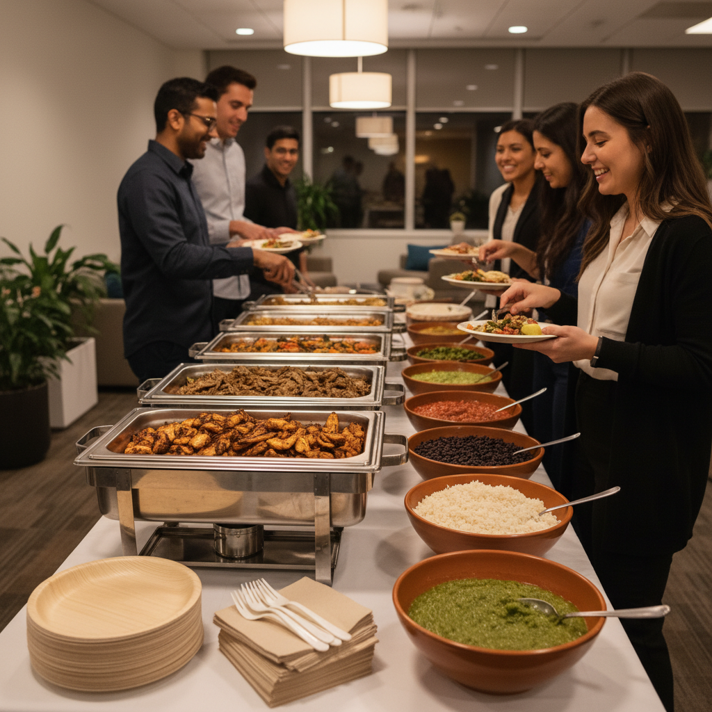 Self-serve Mexican catering buffet scene in a Toronto office lounge with chafing dishes, rice, beans, grilled proteins, salsa bar, and people serving themselves