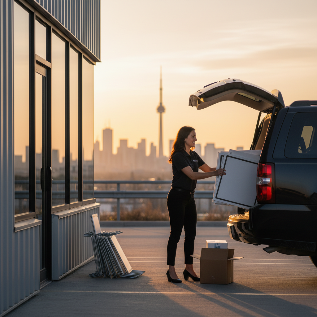 Real estate agent loading boxed yard signs and H‑stakes for same‑day pickup in Mississauga near 5004 Timberlea Blvd Unit#18