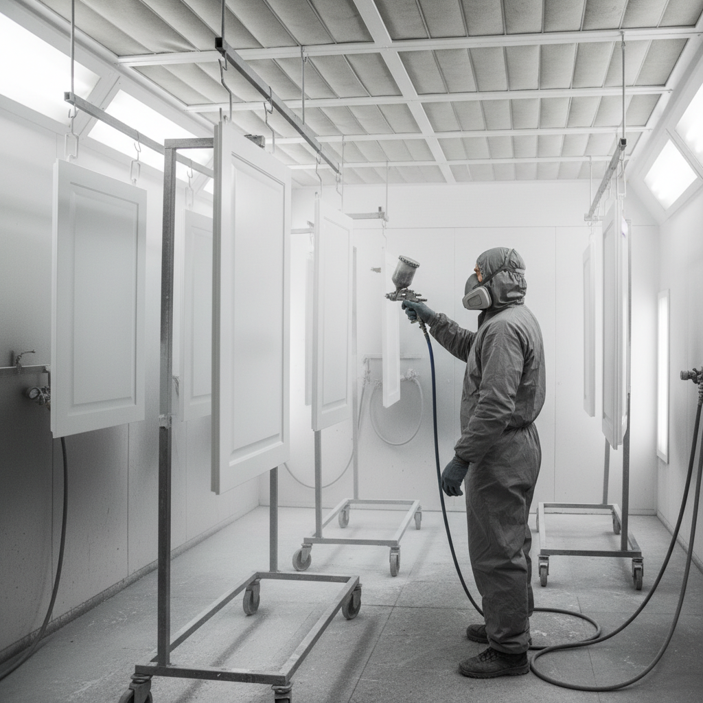 HVLP spraying of kitchen cabinet doors in a professional booth for repainting kitchen cupboards