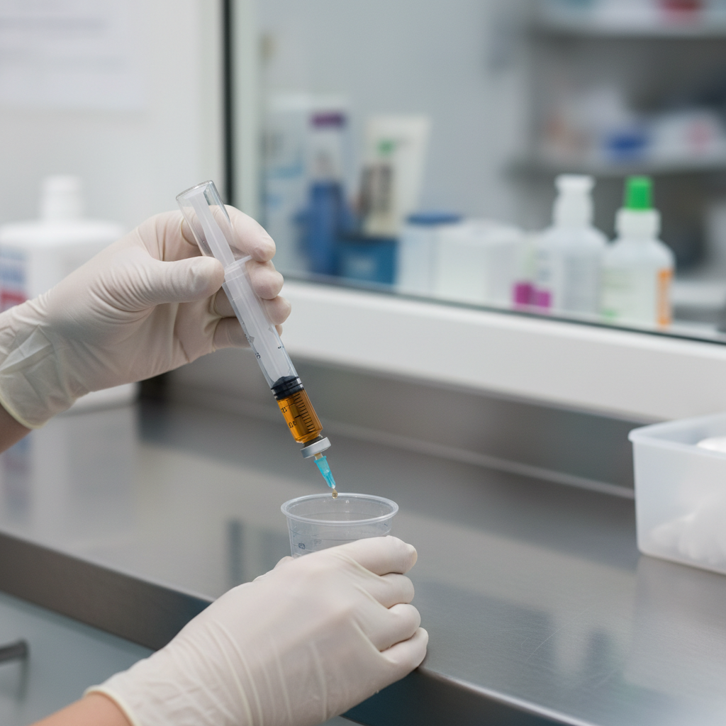 Clinic nurse preparing a supervised methadone dose during the first week of treatment in Ontario