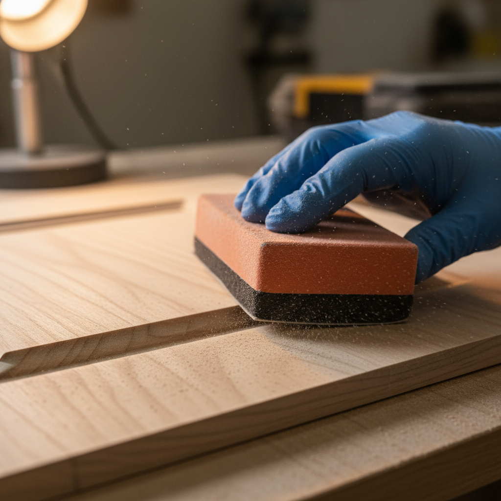 Close-up sanding of a cabinet door with 220-grit before repainting kitchen cupboards in Toronto